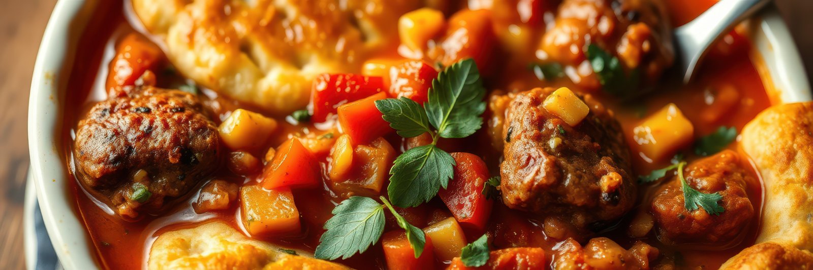 Savory meatball stew with vegetables and fresh herbs served in a rustic bowl on a wooden table